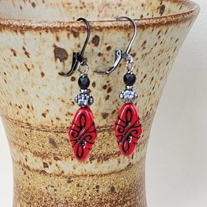Red & Black Arabesque Earrings, Handmade